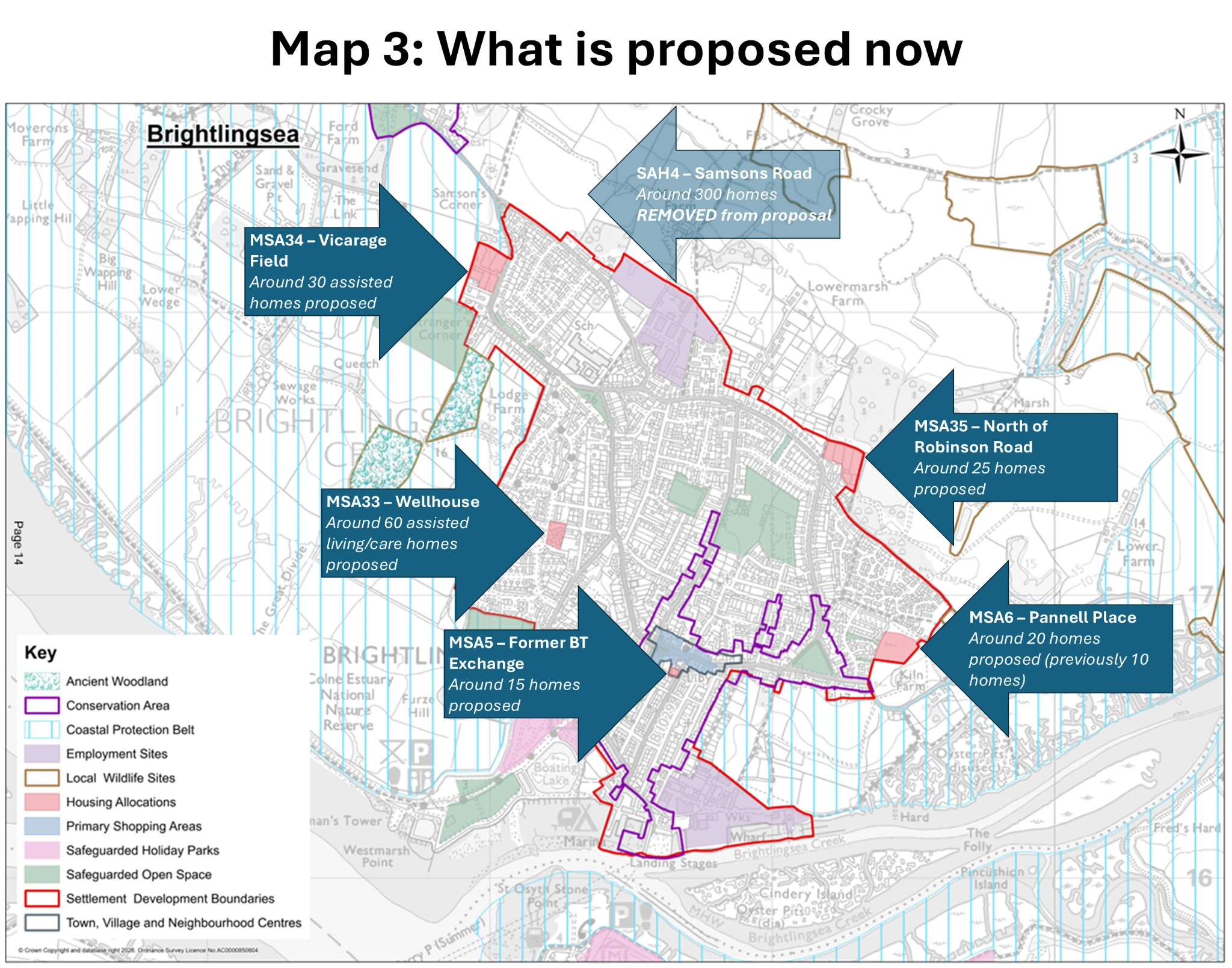 Map 3 showing the current Brightlingsea Local Plan proposals including MSA34, MSA35, MSA33, MSA6 and MSA5, with SAH4 removed