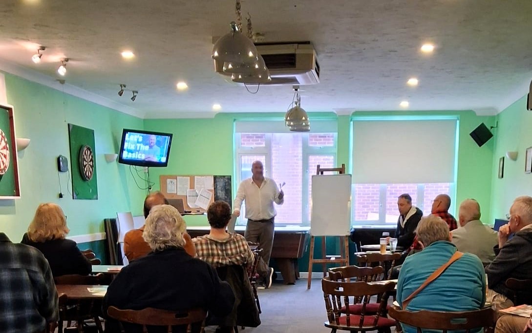 mat court giving speech in front of people at community centre may 7th election essex county council brightlinsgea